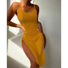 Textured High Slit Cover Up Beach Dress - yellow