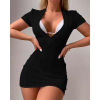 Textured Plunging Neck Cover Up Beach Dress - black