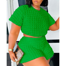 Textured Round Neck Crop Top & High Waist Shorts Set - green