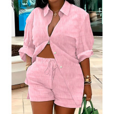 Textured Shirt & Drawstring Shorts Set - pink