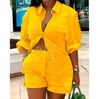 Textured Shirt & Drawstring Shorts Set - yellow