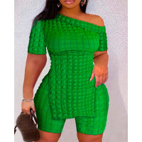 Textured Skew Neck Split Hem Top & Shorts Set - green