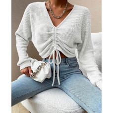 Textured V-Neck Drawstring Crop Top - white