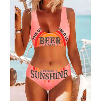 The Only B.S I Need Is Beer And Sunshine Rainbow Stripe Print Bikini Set - orange