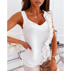 Thick Strap V-Neck Ruffle Hem Top - white