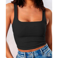 Thin Strap Square Neck Double Layer Workout Fitness Crop Tank Top - black