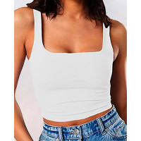 Thin Strap Square Neck Double Layer Workout Fitness Crop Tank Top - white