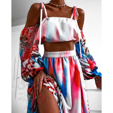 Tie Dye Animal Print Lantern Sleeve Crop Top & Slit Skirt Set - Multicolor