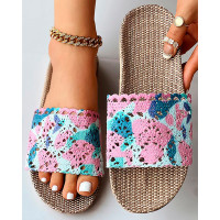 Tie Dye Crochet Wide Strap Linen Slippers - pink