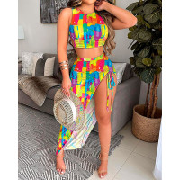 Tie Dye Crop Tank Top & Drawstring Ruched High Slit Skirt Set - Multicolor