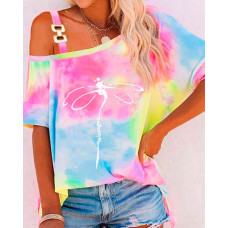 Tie Dye Floral Print Cold Shoulder T-shirt - Multicolor