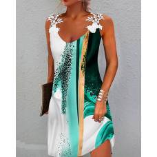 Tie Dye Lace Patch Sleeveless Casual Dress - green