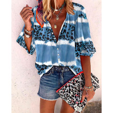 Tie Dye Leopard Print Button Design Top - blue