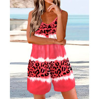 Tie Dye Leopard Print Spaghetti Strap Romper - hot pink