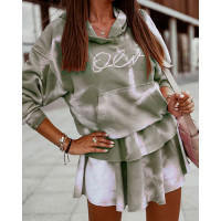 Tie Dye Letter Pattern Print Hoodie & Layered Skirt Set - green