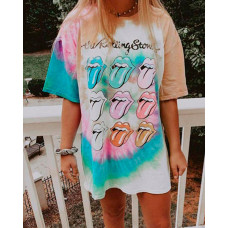 Tie Dye Lip Print T-Shirt Tunic - Multicolor