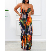 Tie Dye Print Backless Lace-up Wide Leg Jumpsuit - orange