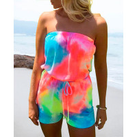 Tie Dye Print Bandeau Drawstring Romper - Multicolor