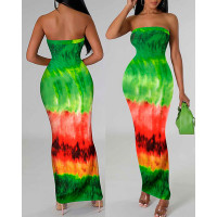 Tie Dye Print Bandeau Maxi Dress - green