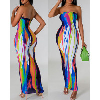 Tie Dye Print Bandeau Maxi Dress - Multicolor