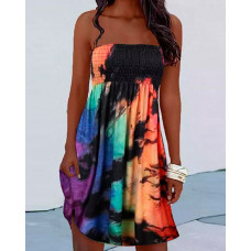 Tie Dye Print Bandeau Shirred Casual Dress - Multicolor