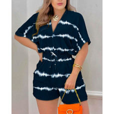 Tie Dye Print Batwing Sleeve Shirred Romper - dark blue