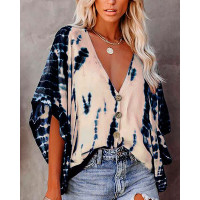 Tie Dye Print Batwing Sleeve V-Neck Top - beige