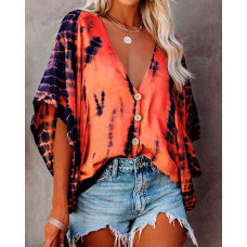 Tie Dye Print Batwing Sleeve V-Neck Top - orange