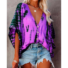 Tie Dye Print Batwing Sleeve V-Neck Top - purple