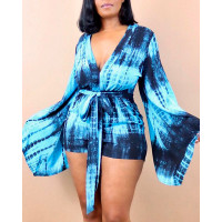 Tie Dye Print Bell Sleeve Romper With Belt - blue