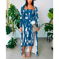 Tie Dye Print Bodycon Dress With Longline Coat - blue