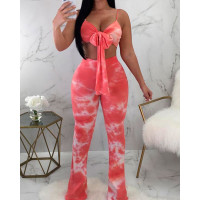 Tie Dye Print Bustier Top With Pants Set - red