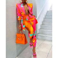 Tie Dye Print Buttoned Blazer Coat & Pants Sets - Multicolor