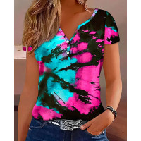 Tie Dye Print Buttoned Notch Neck T-shirt - hot pink