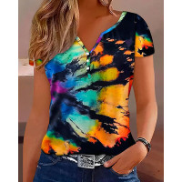 Tie Dye Print Buttoned Notch Neck T-shirt - orange