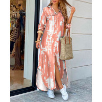 Tie Dye Print Buttoned Shirt Dress - pink