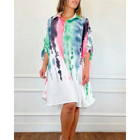 Tie Dye Print Buttoned Slit Shirt Dress - blue