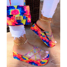 Tie Dye Print Clear Perspex Rhinestone Flatform Slippers - Multicolor