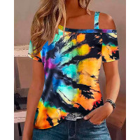 Tie Dye Print Cold Shoulder T-shirt - orange