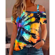 Tie Dye Print Cold Shoulder T-shirt - orange