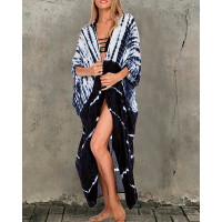 Tie Dye Print Colorblock Batwing Sleeve Cover Up - white