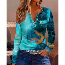 Tie Dye Print Colorblock Buttoned Top - blue