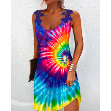 Tie Dye Print Contrast Lace Sleeveless Casual Dress - Multicolor