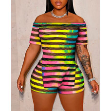 Tie Dye Print Contrast Mesh Split Hem Off Shoulder Top & Shorts Set - Multicolor