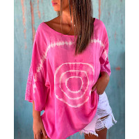 Tie Dye Print Contrast Sequin Casual Top - hot pink