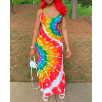 Tie Dye Print Crisscross Back Slit Maxi Dress - Multicolor