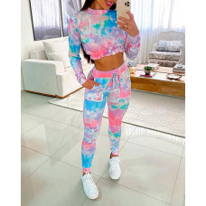 Tie Dye Print Crop Top & Drawstring Pants Set - Multicolor