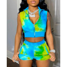 Tie Dye Print Crop Top & Shorts Set - green