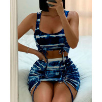 Tie Dye Print Drawstring Crop Top & Skirt Set - blue