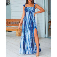 Tie Dye Print High Slit Ruffles Maxi Dress - blue